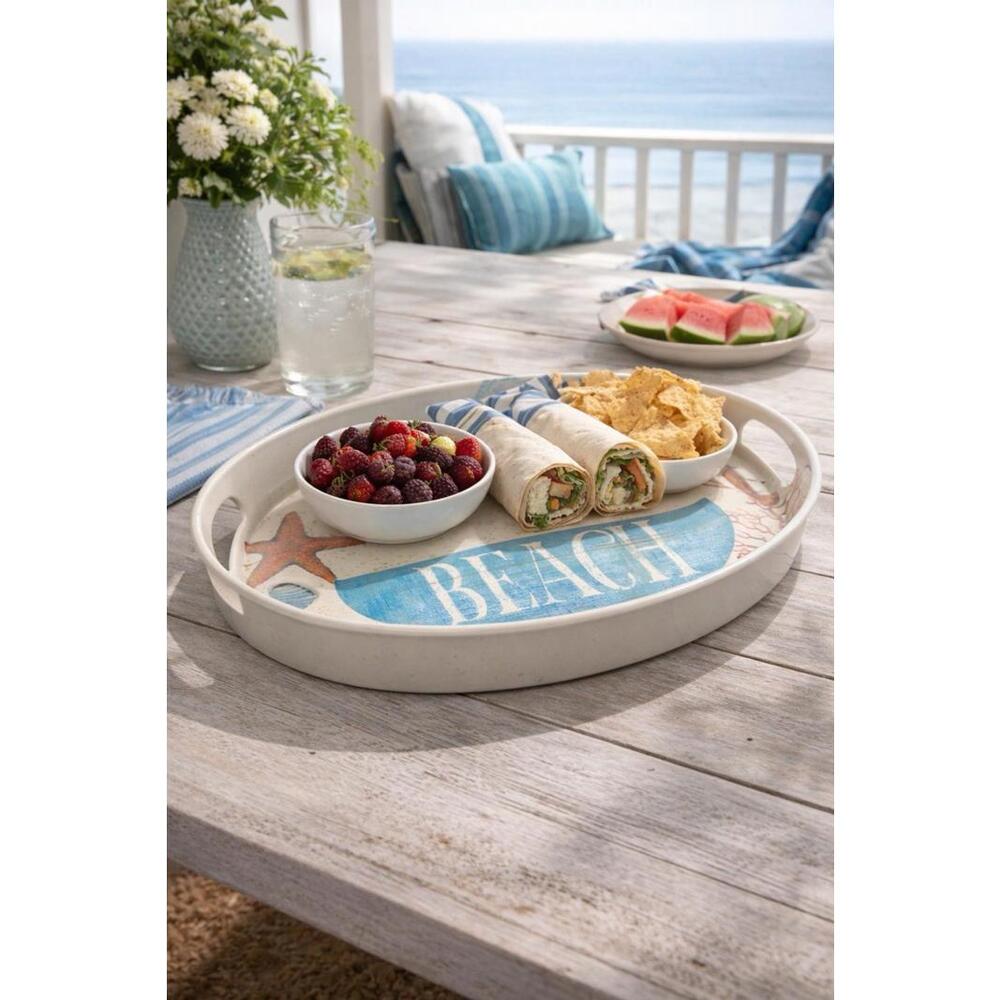 Wild Apple 1990s Melamine Beach Oval Serving Tray With Handles, 15x11”